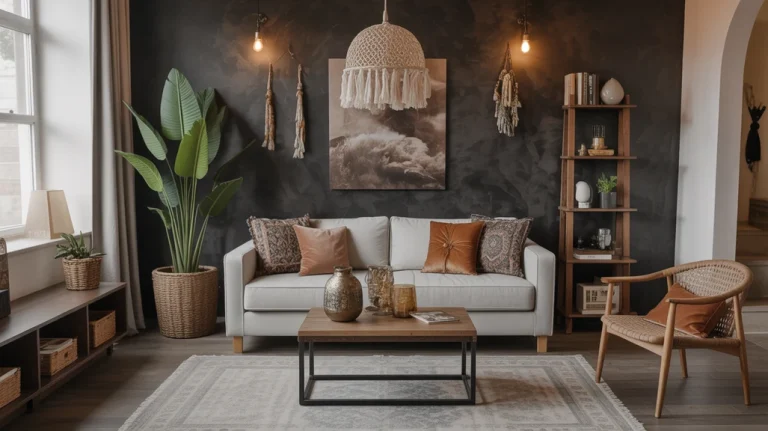 Dark boho living room decor ideas with velvet sofa, vintage rug, plants, and ambient lighting.