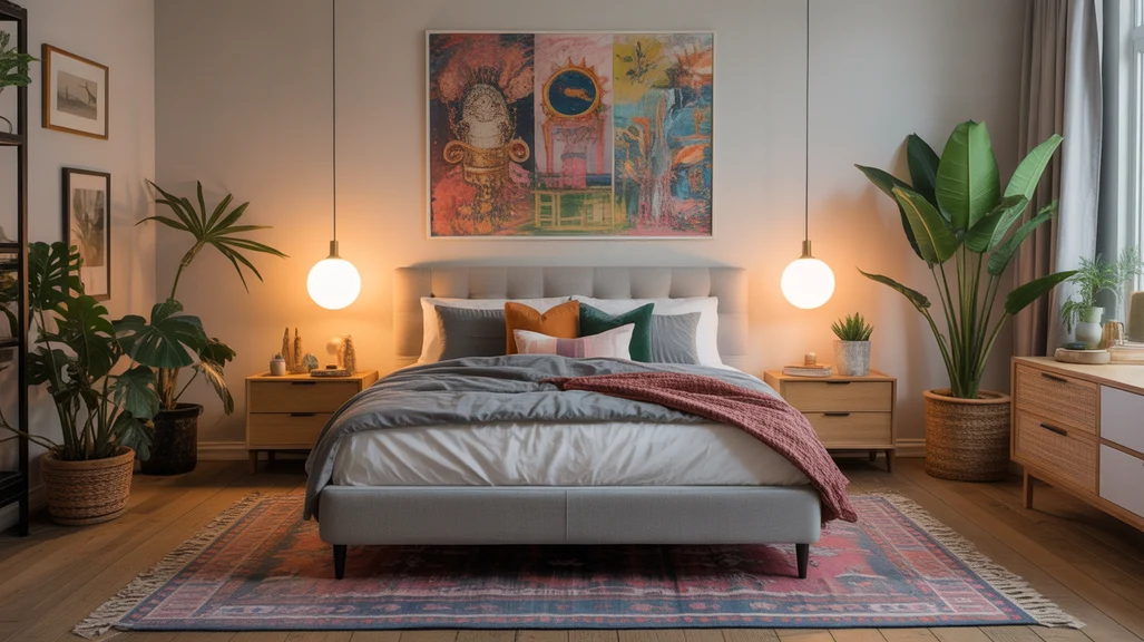 Stylish eclectic bedroom design with layered textures, vintage furniture, and bold art for a personalized retreat.