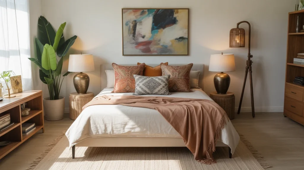 Cozy eclectic bedroom design featuring colorful decor, mixed materials, and creative layering ideas.