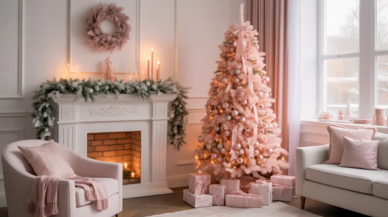 Romantic blush Christmas decor living room with rose gold ornaments, frosted garland, and cozy pastel holiday glow.