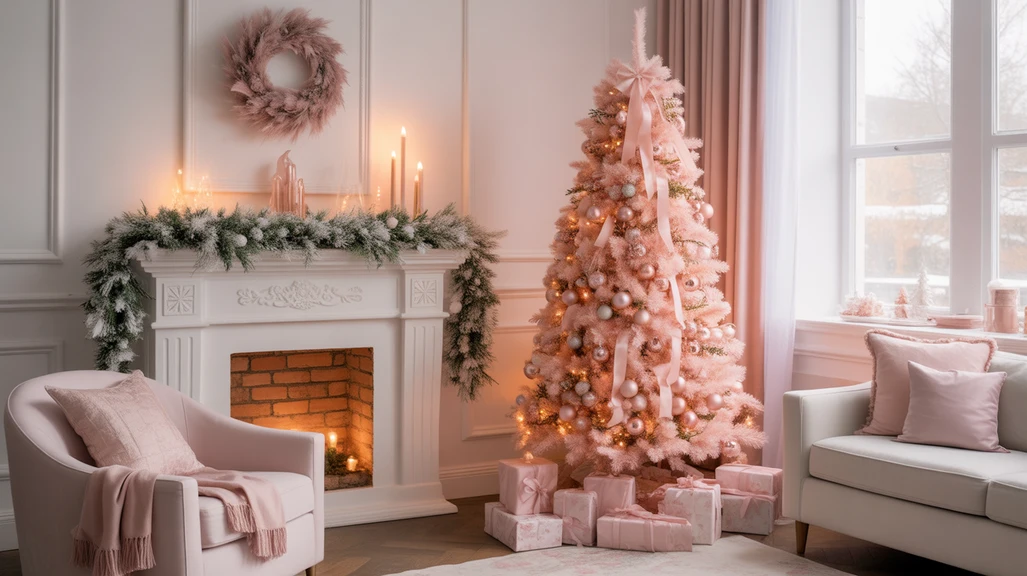 Romantic blush Christmas decor living room with rose gold ornaments, frosted garland, and cozy pastel holiday glow.