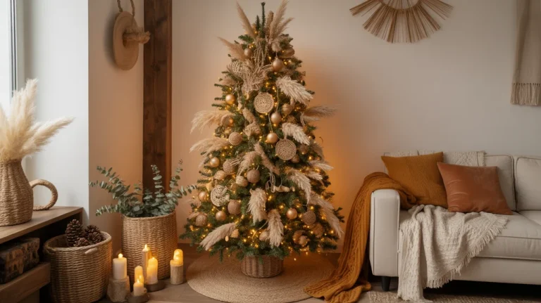 Elegant boho and natural Christmas tree ideas for a cozy home.