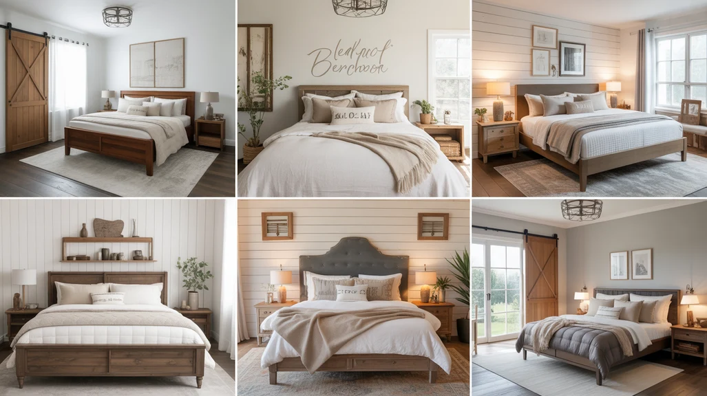 Collage of modern farmhouse bedroom ideas with rustic wood, shiplap walls, layered bedding, and cozy farmhouse décor.