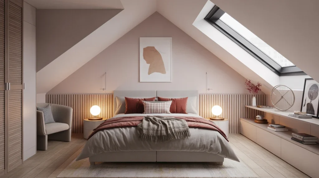 featured-cozy-attic-bedroom – cozy attic bedroom ideas with sloped ceiling, skylight, and layered bedding