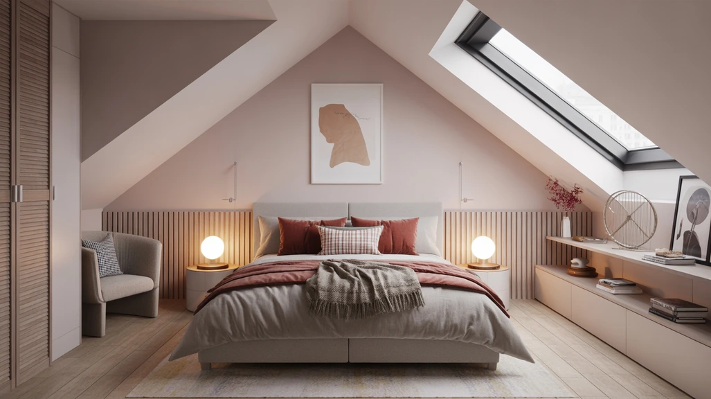 featured-cozy-attic-bedroom – cozy attic bedroom ideas with sloped ceiling, skylight, and layered bedding