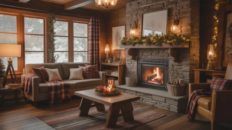 Cozy cabin Christmas decor with plaid blankets, pine garlands, and rustic stone fireplace in warm holiday home