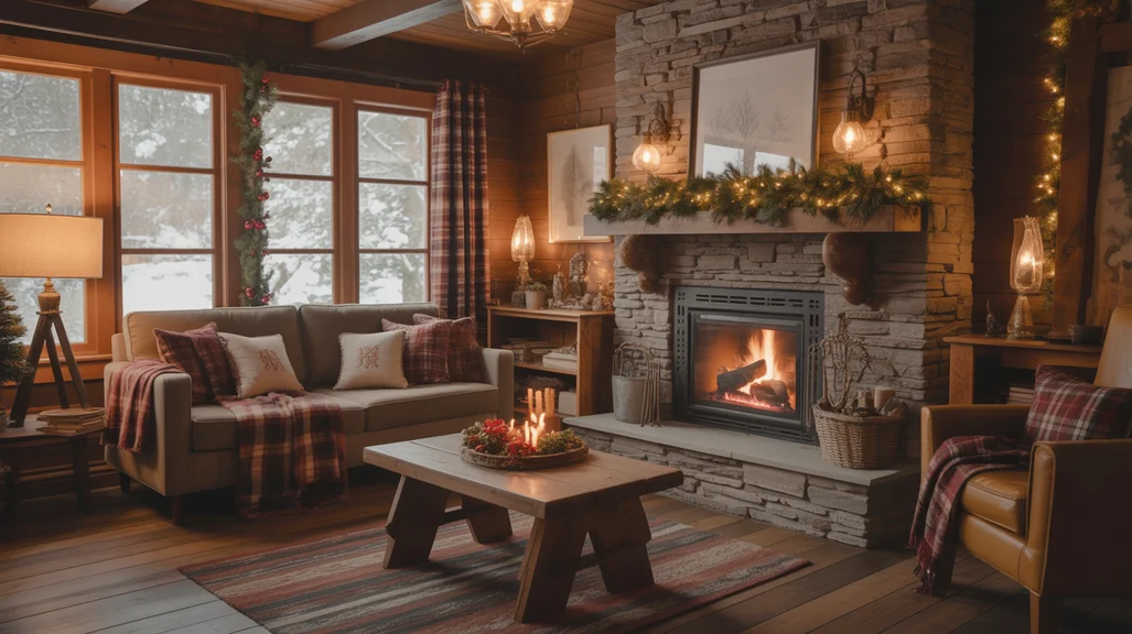 Cozy cabin Christmas decor with plaid blankets, pine garlands, and rustic stone fireplace in warm holiday home
