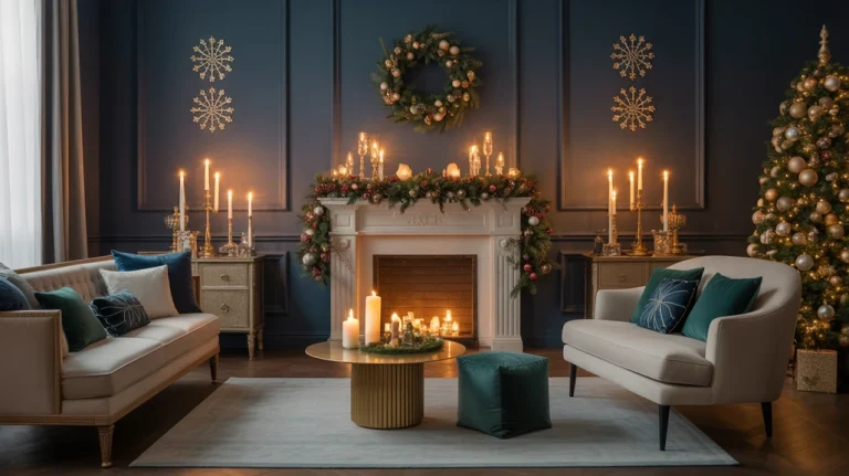 Elegant living room styled in Cozy Moody Christmas Color Schemes with navy, emerald, and champagne decor and glowing candles.