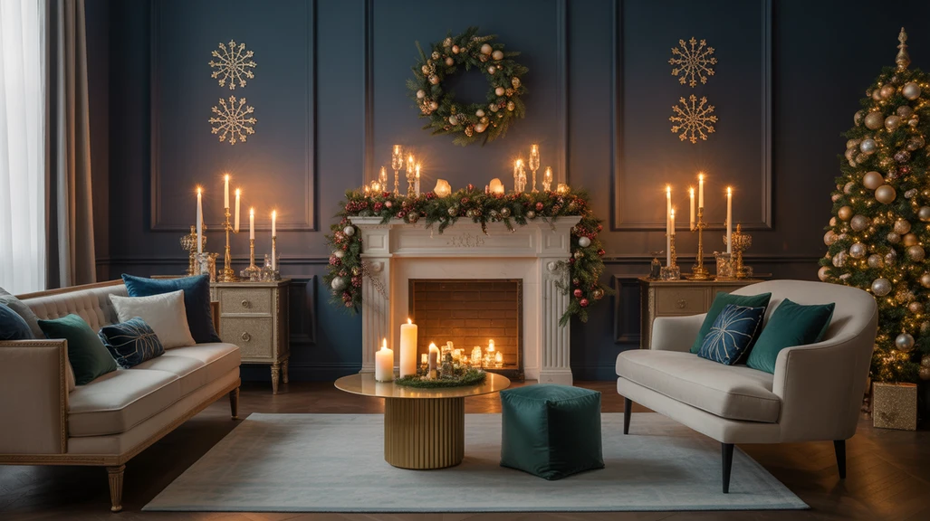 Elegant living room styled in Cozy Moody Christmas Color Schemes with navy, emerald, and champagne decor and glowing candles.