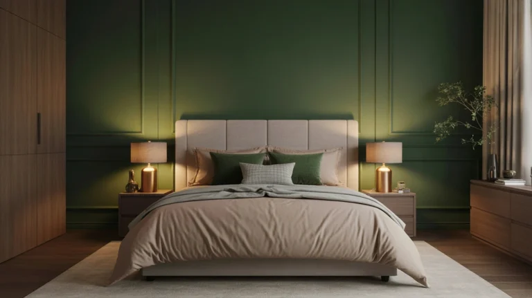featured-dark-green-bedroom — Luxurious dark green bedroom with emerald walls, oak furniture, and soft warm lighting.