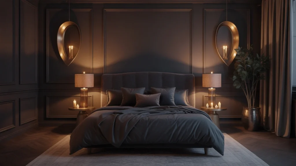 Luxurious dark romantic bedroom with velvet bedding, gold lamps, and candlelight.