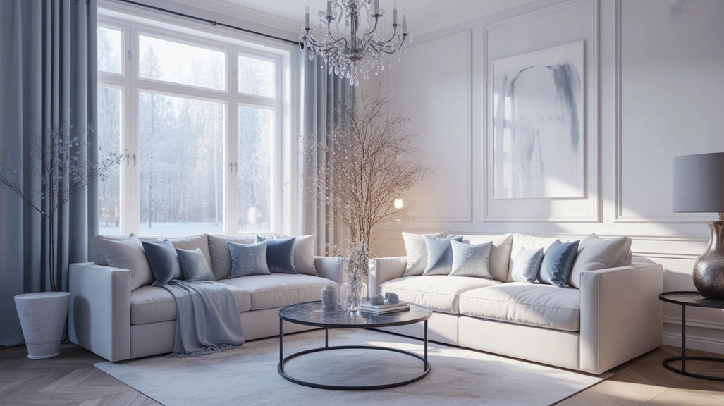 Frosted Winter Wonderland Palette living room with icy blue and silver accents, elegant winter home décor design