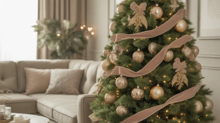 Green and gold Christmas tree decor ideas for a glamorous holiday home. ← main keyword