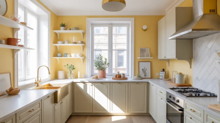 Bright modern kitchen with yellow walls and grey cabinets, gold handles, and natural light — stylish yellow and grey kitchen ideas for modern homes.