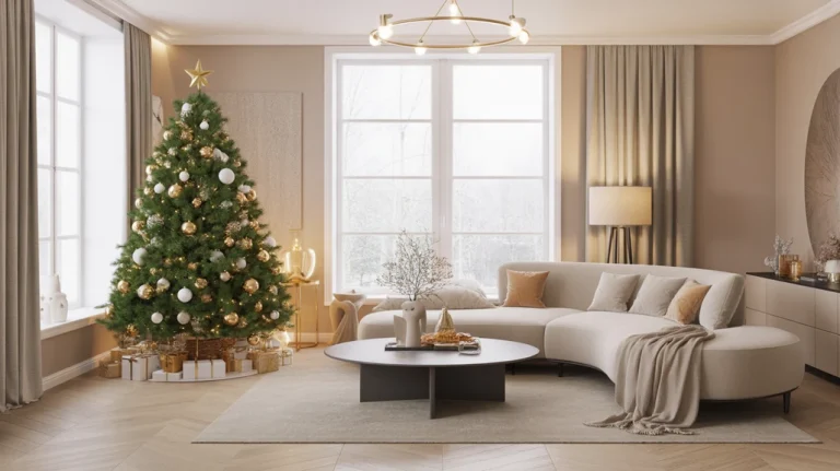 Modern Christmas living room decor with elegant tree, neutral tones, and cozy minimalist holiday style.
