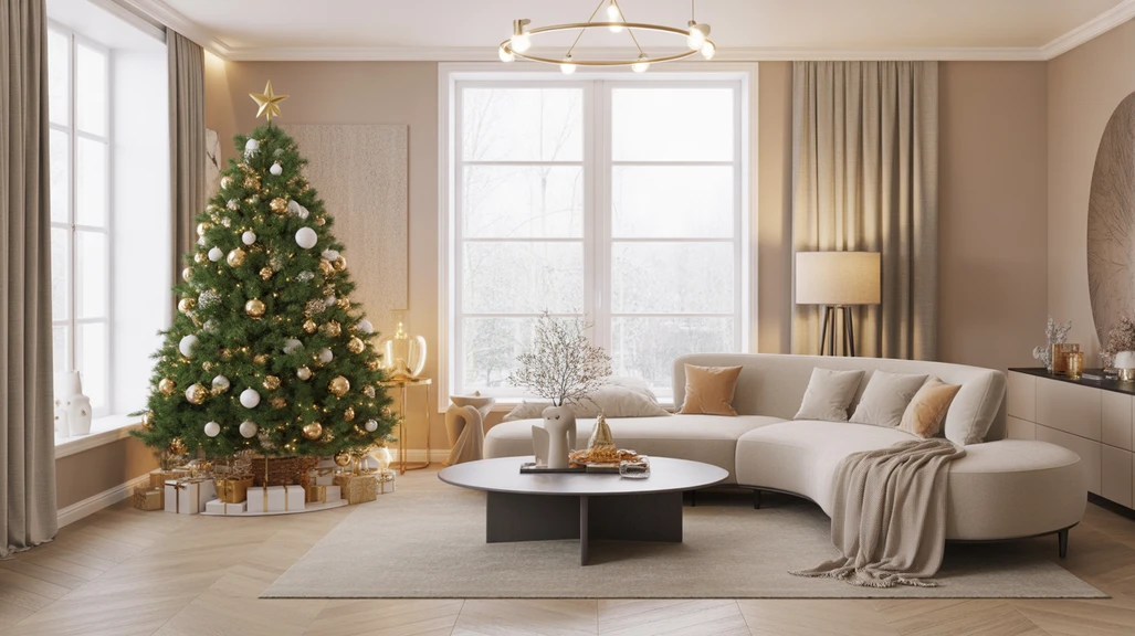 Modern Christmas living room decor with elegant tree, neutral tones, and cozy minimalist holiday style.