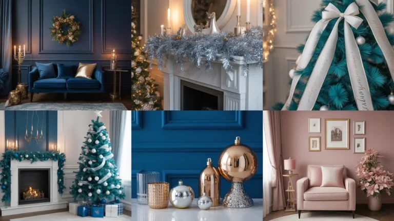 blue christmas decor ideas 2025 collage with silver-blue, navy-gold, turquoise-white, and blush-blue themes for a cozy, elegant holiday.