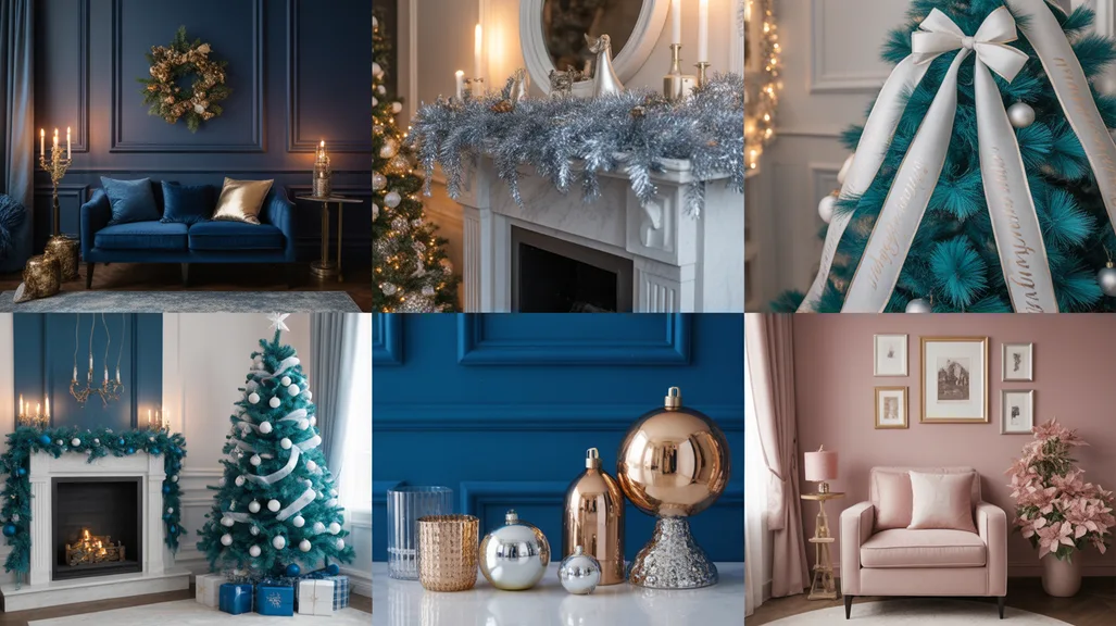 blue christmas decor ideas 2025 collage with silver-blue, navy-gold, turquoise-white, and blush-blue themes for a cozy, elegant holiday.