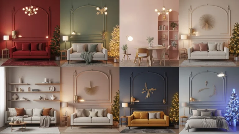 collage of trending christmas color palette 2025 combinations including red and gold, sage and champagne, navy and gold, and blush and cream holiday decor ideas.