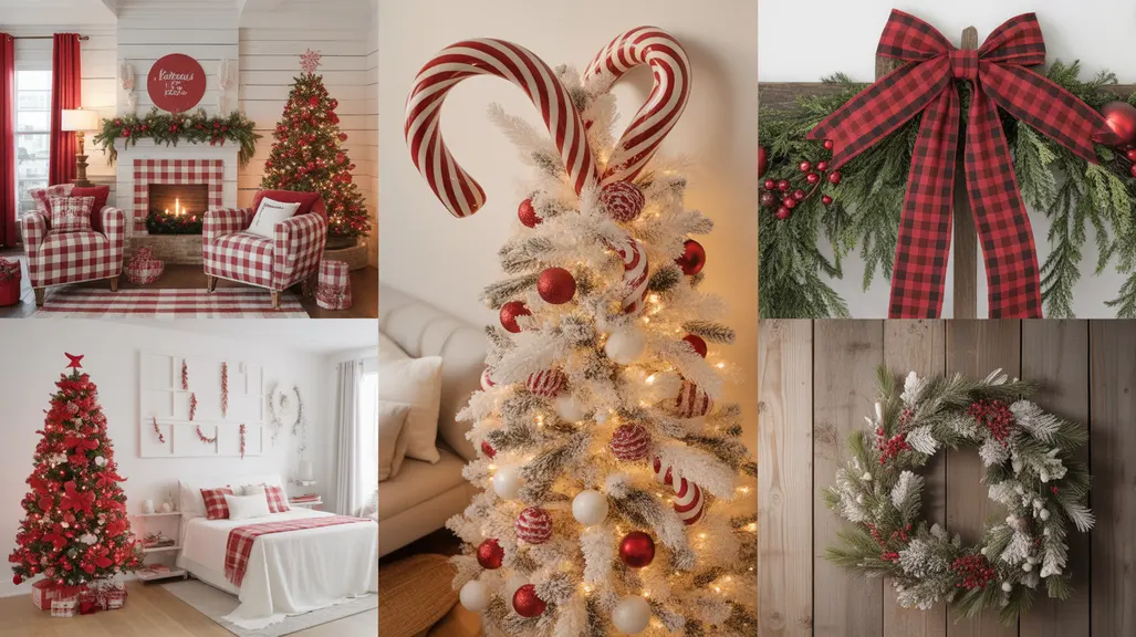 collage showing red and white christmas decor ideas 2025 featuring plaid living rooms, candy-cane trees, and cozy farmhouse holiday styles.