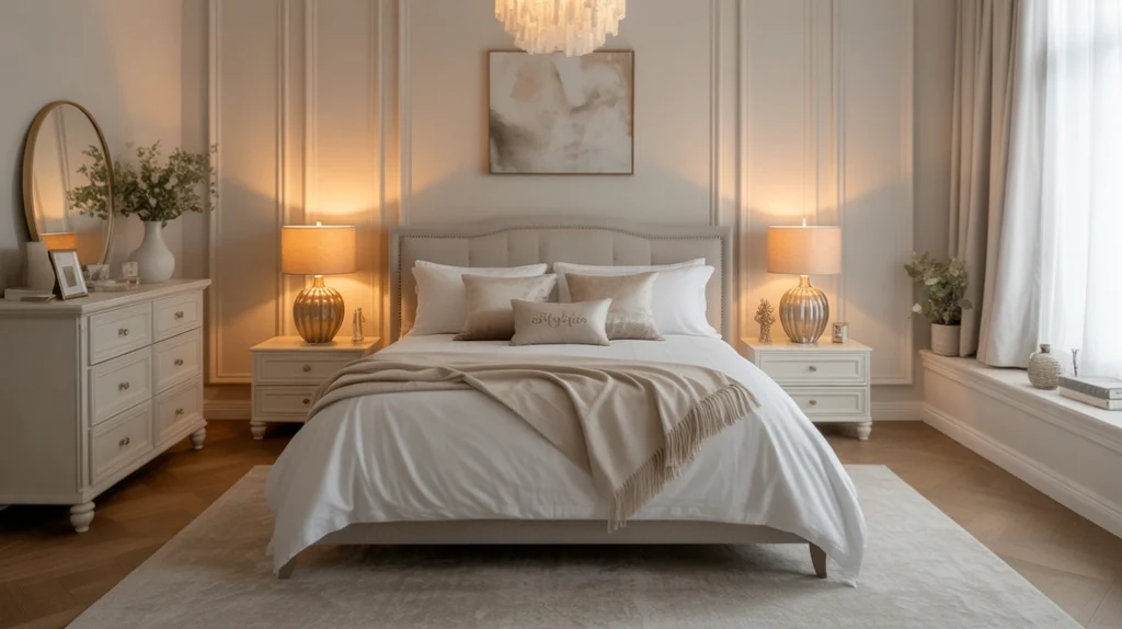 luxurious grown woman bedroom with elegant bedding and soft lighting, dreamy grown woman bedroom ideas