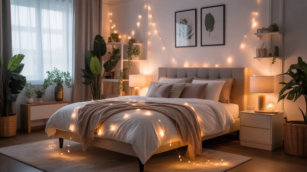 Cozy bedroom with magical fairy lights hanging across ceiling and headboard creating warm inviting glow