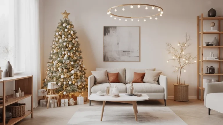 Modern living room featuring minimalist Christmas tree ideas with neutral tones and Scandinavian-inspired holiday decor.