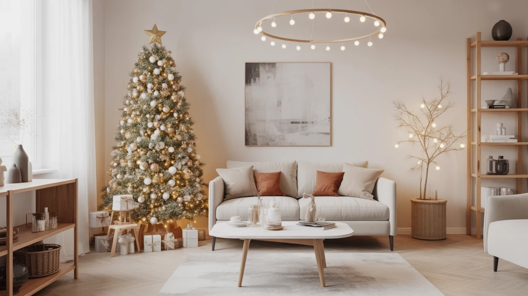 Modern living room featuring minimalist Christmas tree ideas with neutral tones and Scandinavian-inspired holiday decor.
