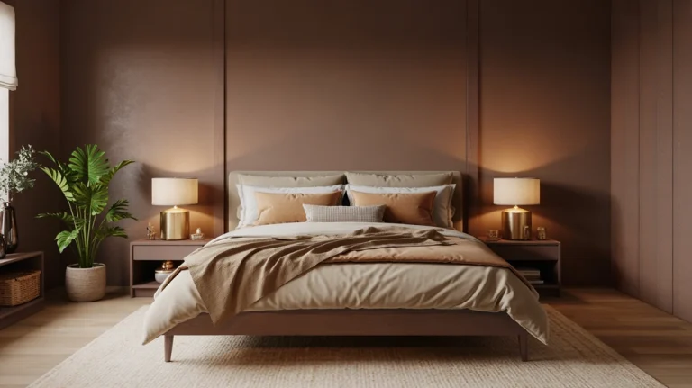 Modern cozy brown bedroom with warm lighting and wooden furniture