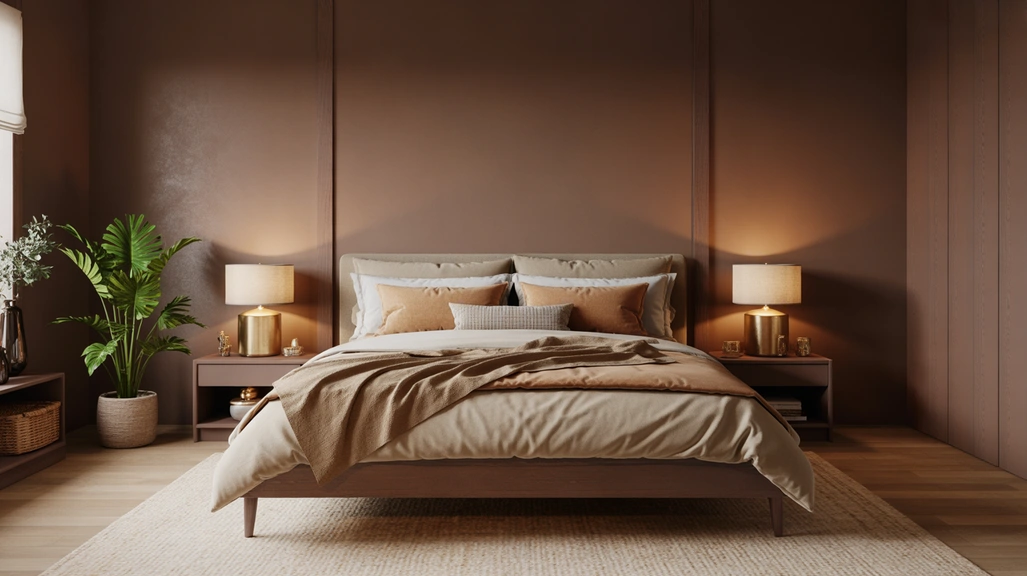 Modern cozy brown bedroom with warm lighting and wooden furniture