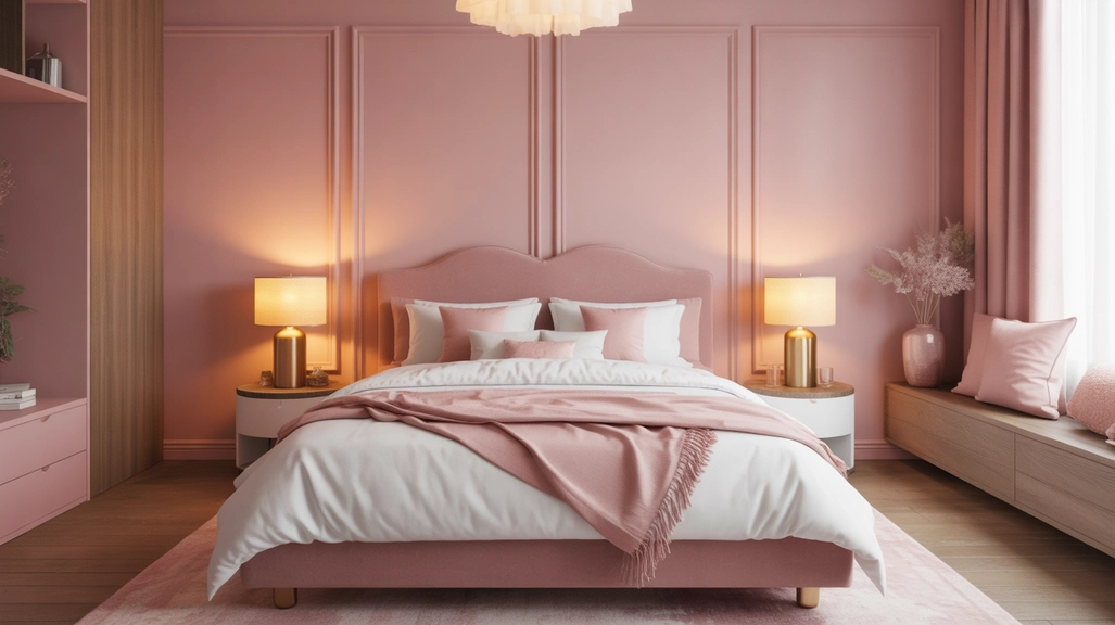 Modern pink bedroom ideas with blush walls, white bedding, and cozy elegant decor