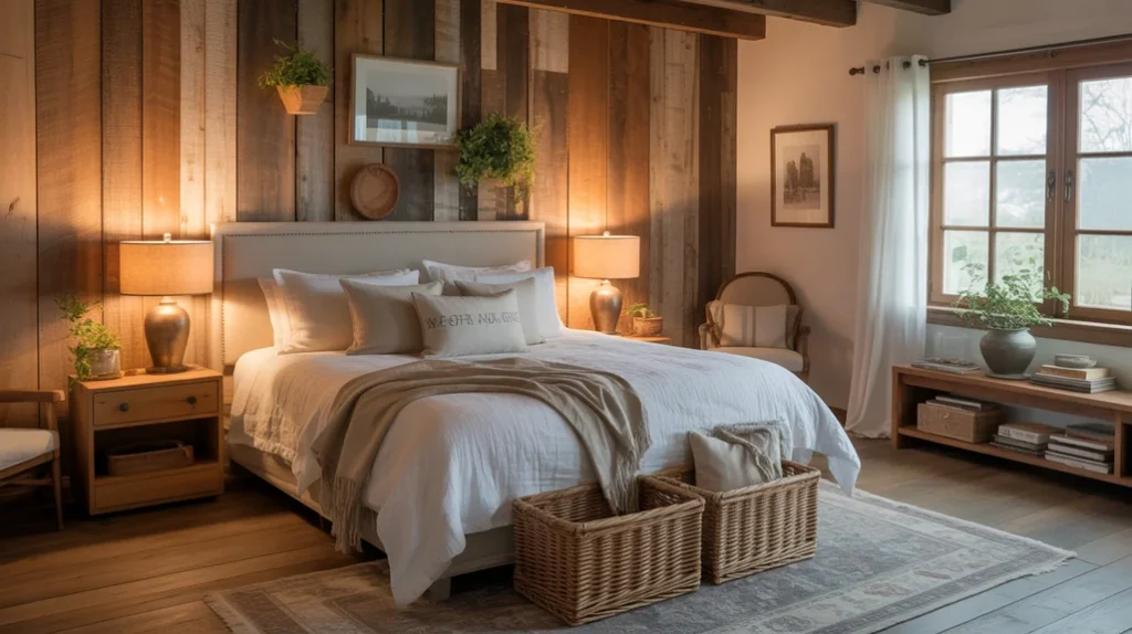 Cozy rustic bedroom ideas with reclaimed wood walls, linen bedding, and warm farmhouse lighting