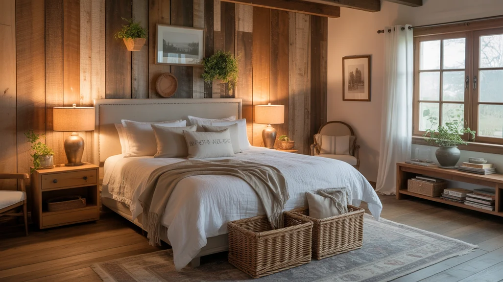 Cozy rustic bedroom ideas with reclaimed wood walls, linen bedding, and warm farmhouse lighting