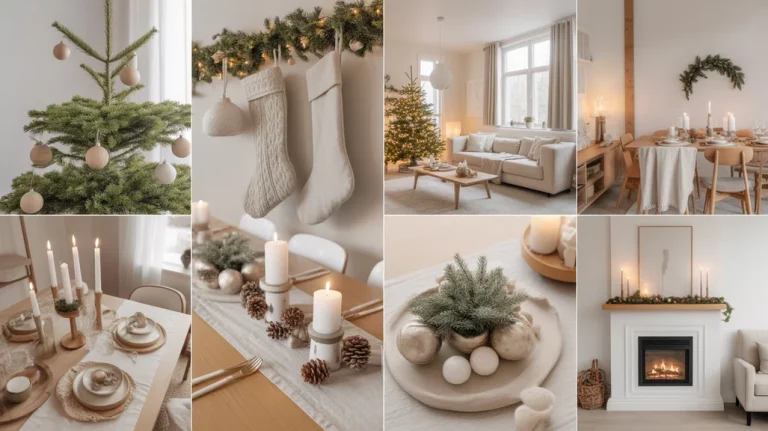 Collage of Scandinavian Neutral Christmas Palette ideas featuring beige, ivory, and natural wood — cozy minimalist Nordic holiday interiors with candlelight.