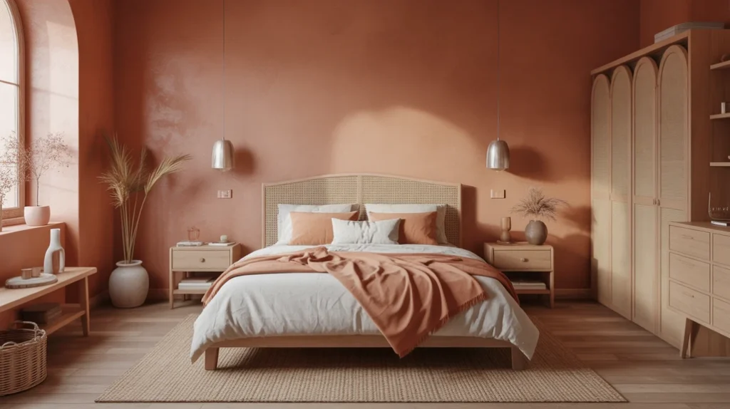 Cozy terracotta bedroom with clay walls, linen bedding, and wood accents — inspiration for warm earthy interiors.