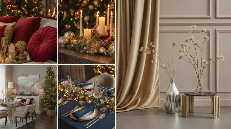 “Cozy elegant winter Christmas to New Year color palettes with champagne, navy, and gold holiday decor inspiration.”