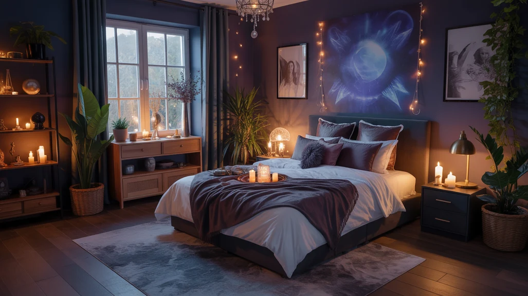 Dark moody witchy bedroom filled with crystals, candles, and celestial decor — perfect inspiration for witchy bedroom ideas.