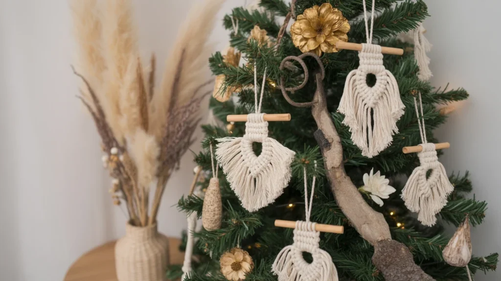 Close-up of boho and natural Christmas tree ideas with pampas and wood decor.