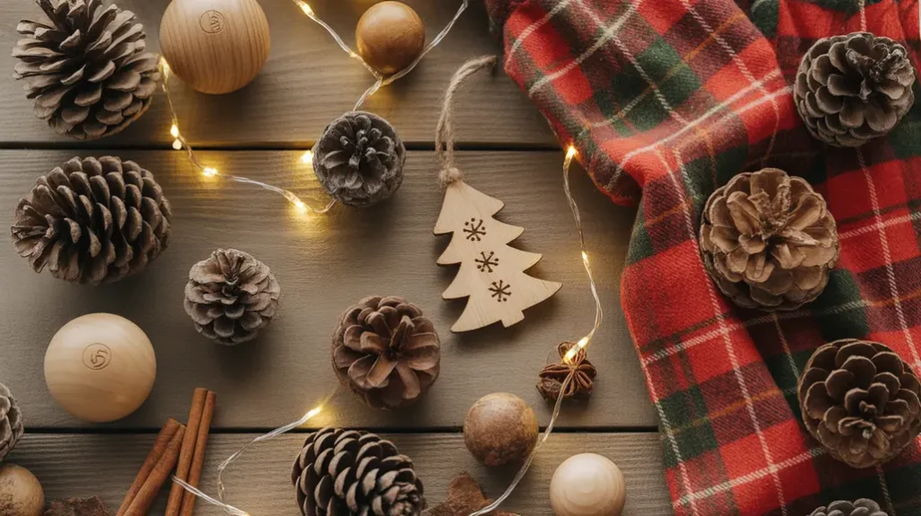 Flat lay of rustic Christmas decorations with pinecones, flannel fabric, and fairy lights for cozy cabin holiday style