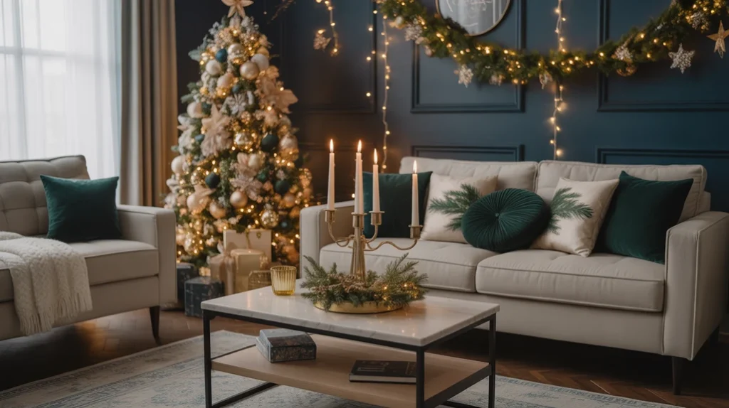 Cozy moody holiday living room with navy and emerald Christmas palette, champagne accents, and warm ambient lighting.