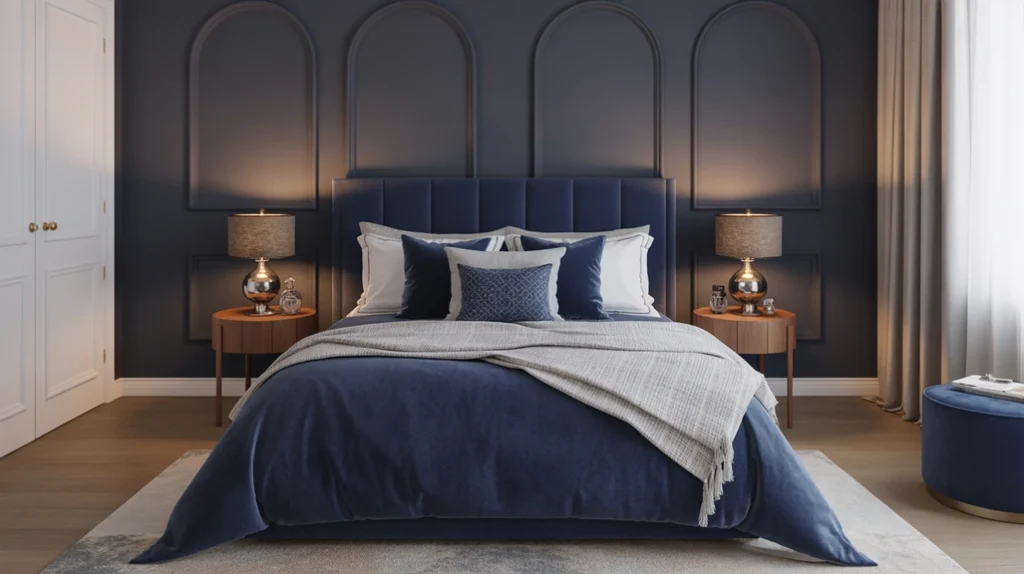 Cozy navy blue bedroom ideas with soft lighting and elegant bedding 