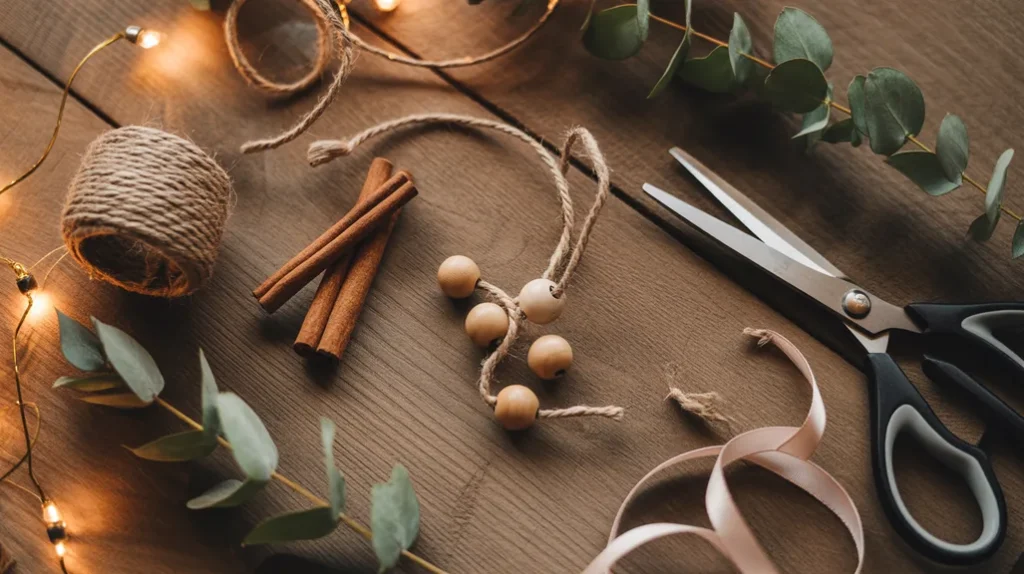 flat lay of handmade DIY Christmas ornaments and craft supplies for tree decorating