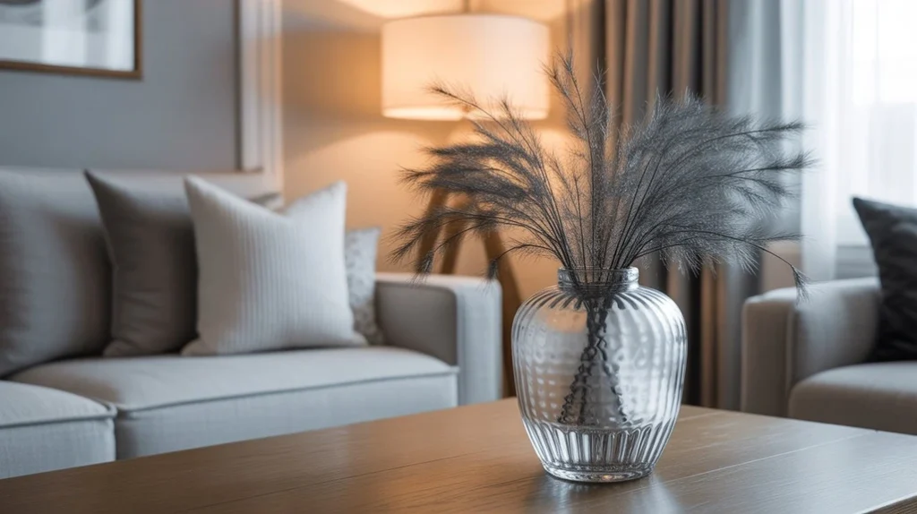 Cozy winter interior styled in a Frosted Winter Wonderland Palette with soft white tones, silver details, and frosty textures