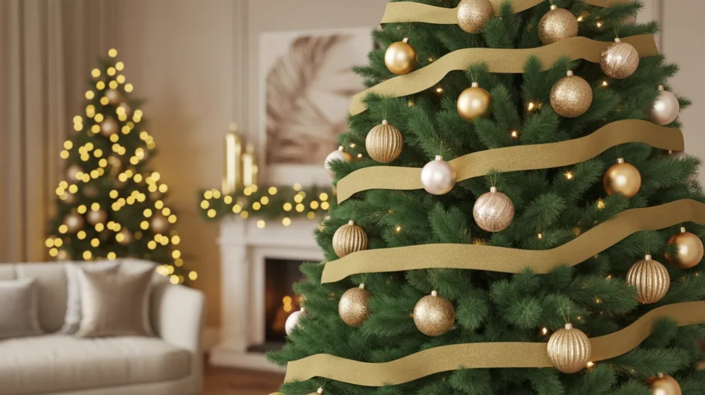 Close-up of elegant green and gold Christmas tree decorations with golden ornaments and fairy lights. ← main keyword