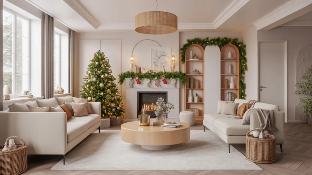 Bright modern Christmas living room with gold and white accents, natural greenery, and sleek contemporary furniture.