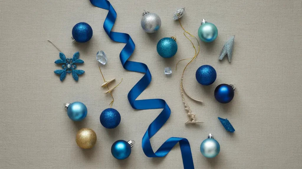 Flat-lay of holiday ornaments, ribbons, and baubles in mixed blue, silver, and gold tones representing trending blue christmas  decor ides ,color palettes 2025.