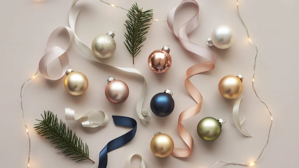 flat-lay of ornaments, ribbons, and baubles showcasing the top christmas color palettes 2025 with gold, green, blush, and icy blue tones.