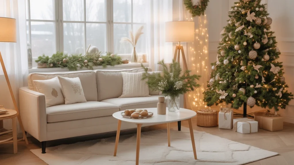 Cozy Christmas living room ideas featuring plaid throws, fairy lights, and festive greenery