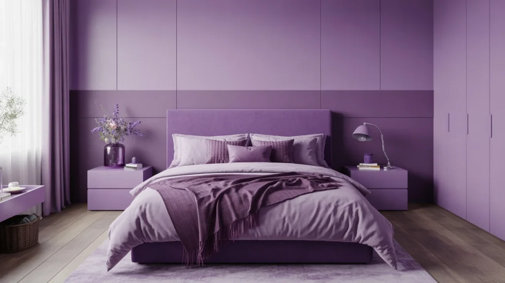 Modern lavender bedroom with soft lilac layers and minimalist décor showcasing stylish purple bedroom ideas.