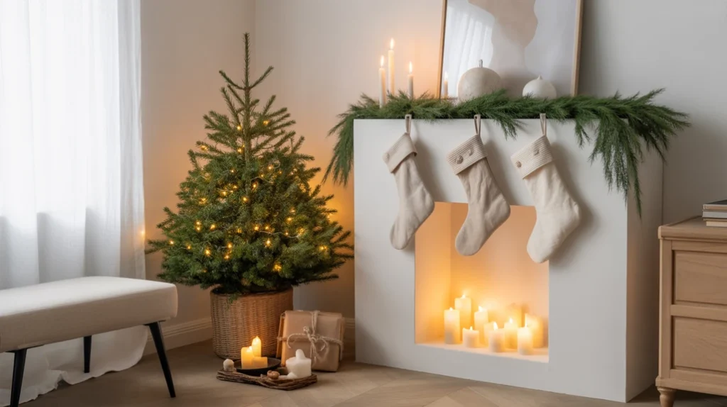 Calm, cozy interior styled with minimalist holiday decorations, natural materials, and soft winter lighting.